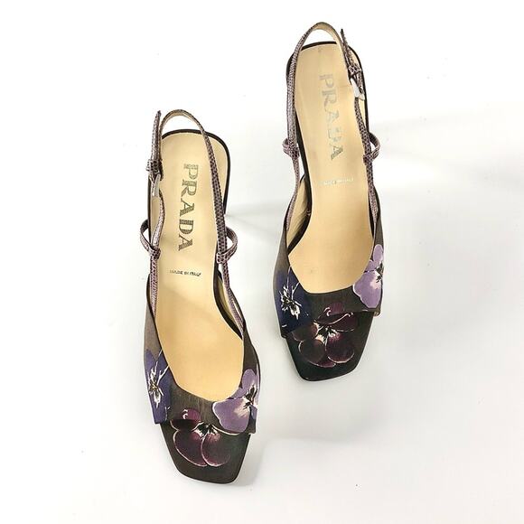 Vintage Prada Floral Print Snakeskin Slingback Heeled Sandals 38.5 - Picture 2 of 7